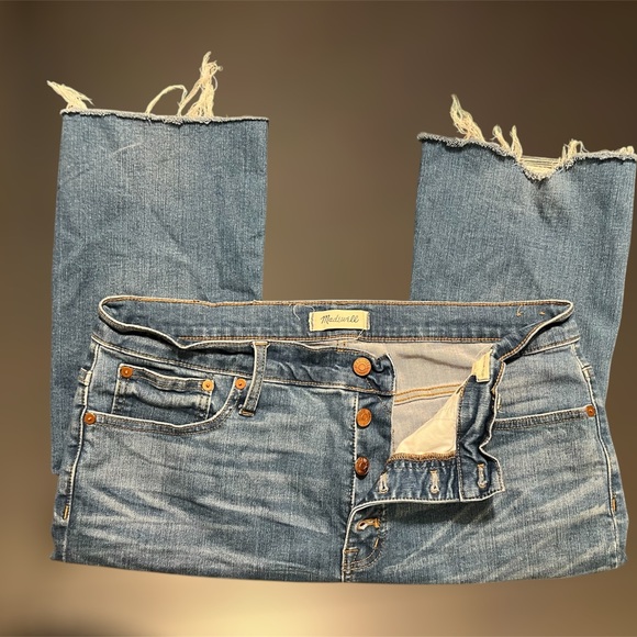 Madewell Denim Stretch Hi Rise Button Fly Cali Demi Boot Raw Hem Ripped Jean 32 - Picture 10 of 13
